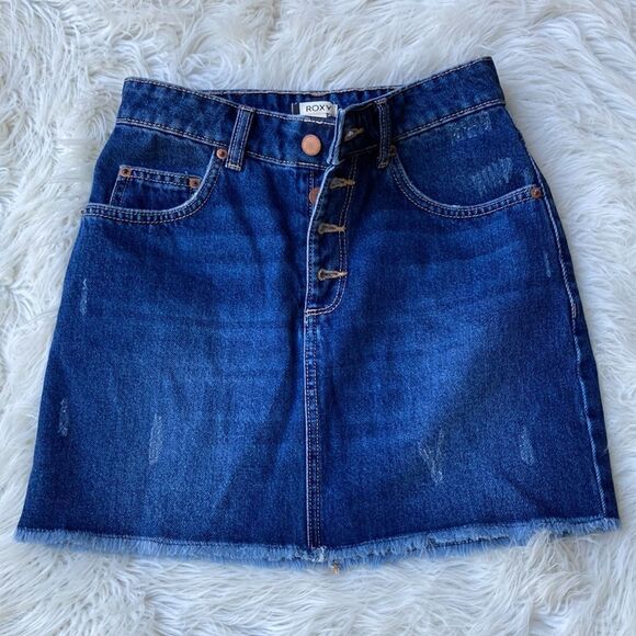Roxy Button Fly Distressed Frayed Hem Denim Skirt Size XS - Picture 3 of 9